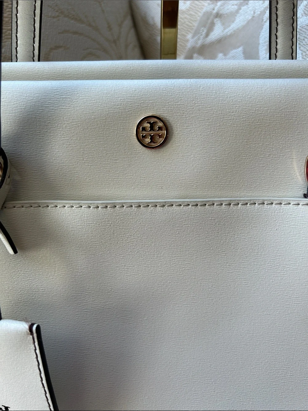 Tory Burch Robinson Cream Leather Double-Handle Tote with Gold Accents